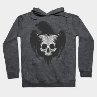 Silhouette of raven with human skull Tattoo. Emblem of death and witchery.Mythological symbol. Hoodie